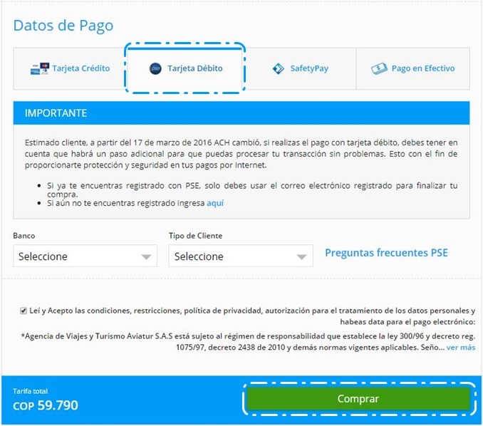 Pago con tarjeta débito| Aviatur.com